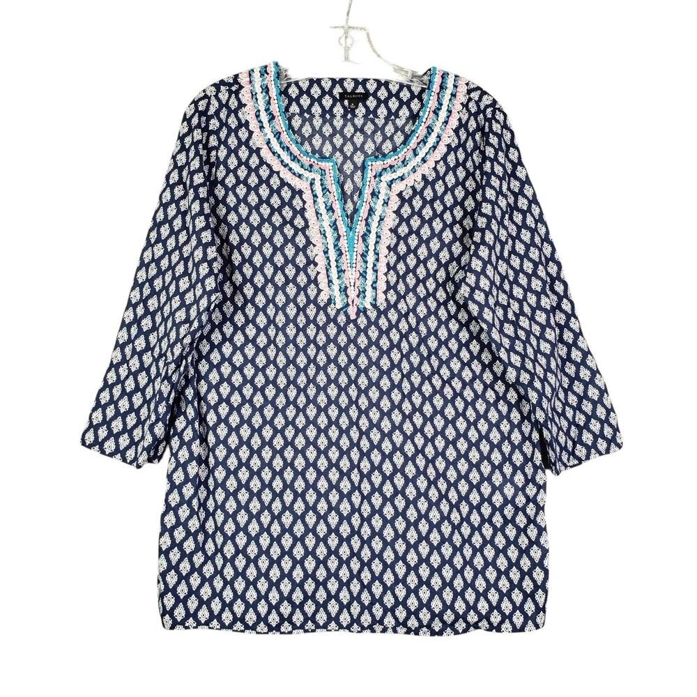 Talbots Tunic Top Size Medium Women’s Popover Blouse Cotton Embroidered LS